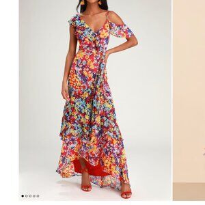 Lulus Radiant Ruby Red Floral Print Chiffon Maxi Dress